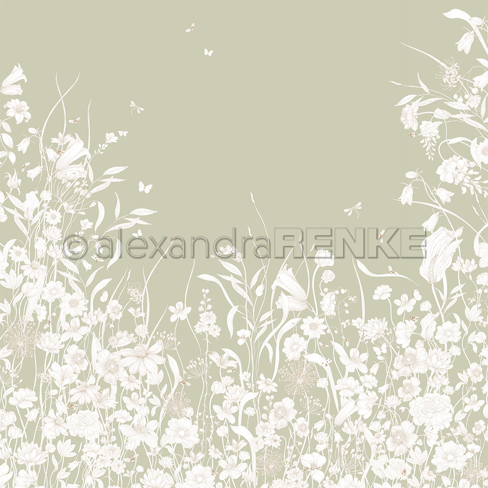 Scrapbooking-Papier 'Weisse Blumenvariation auf Silbergrün'