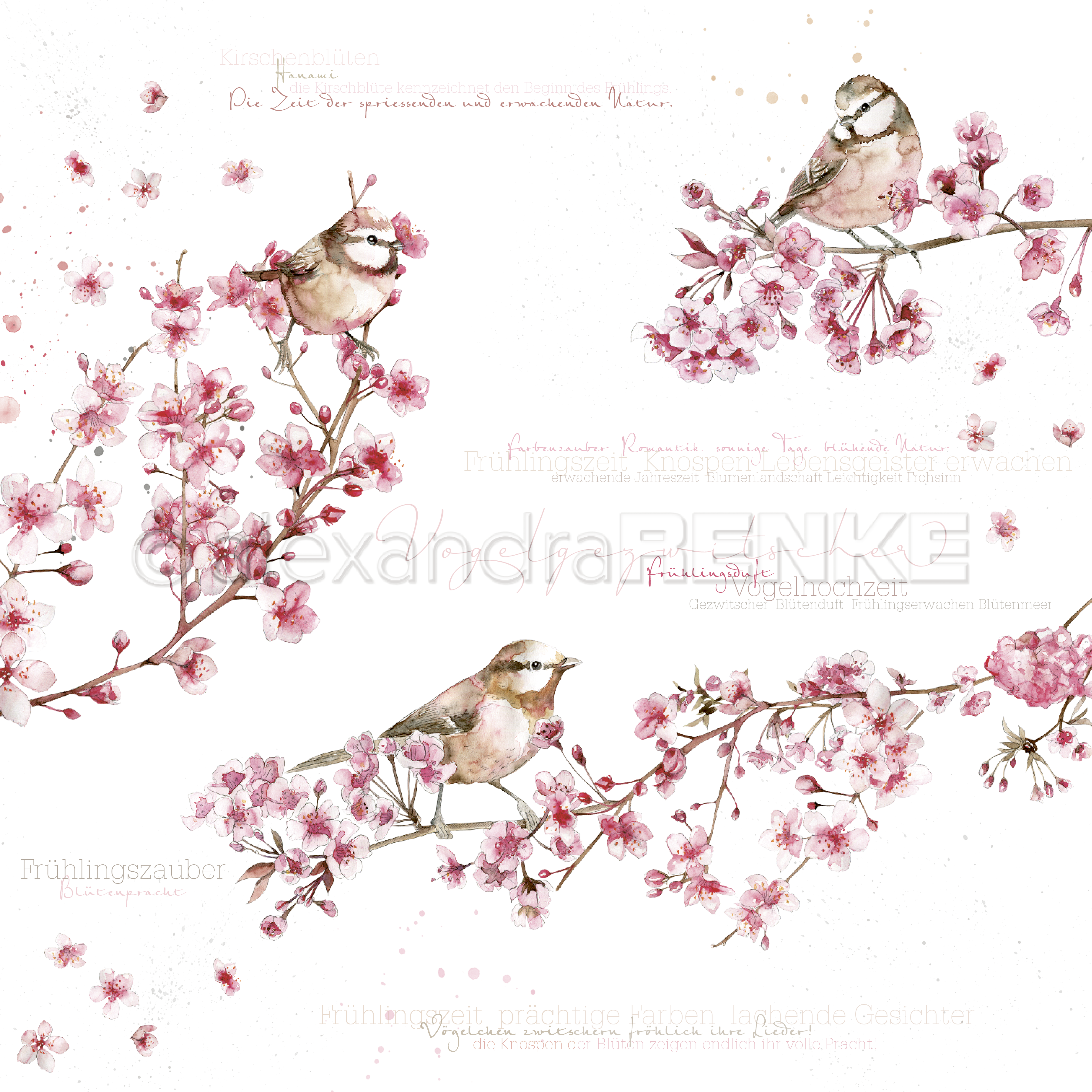 Design-Papier Vögel in Kirschblüten